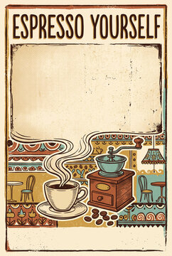 Retro vintage style coffee shop, cafe print flyer poster template with manual grinder and steaming cup illustration against colorful patterned background for artisanal coffee shop interior decoration