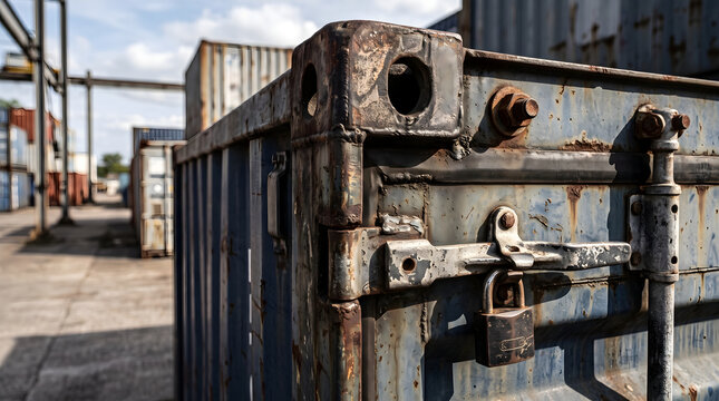 Close up of a 20 foot container with rusty metal corner casting and padlock in a shipping yard depot warehouse