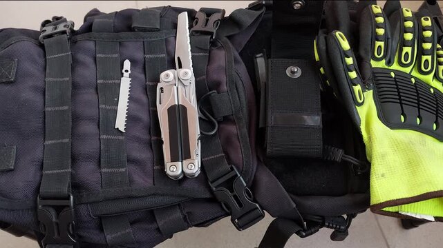 Multitool with opened serrated knife blade on black tactical backpack, top view close up smooth zoom 