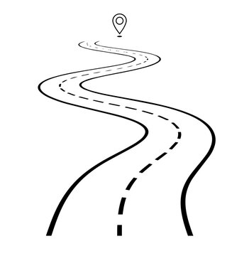 Winding road to location pin pointer destination line vector concept.