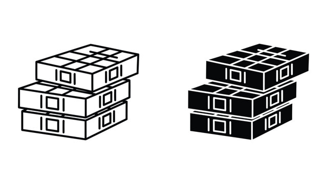 Stack of bricks construction material icon set in line and solid vector art style