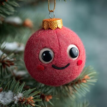 Christmas joy and holiday spirit cute felt ball ornament with smiling face hanging on a snowy pine tree branch for festive winter seasonal decoration