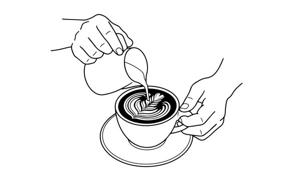 pouring milk to make latte art in a coffee cup line vector art.