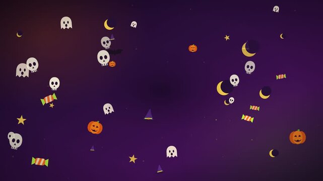 Halloween Motion Background With Floating Skulls Pumpkins Ghosts Crescent Moons Stars and Candy on Purple Background