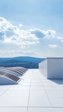 Modern industrial rooftop with scenic view of rolling hills and blue sky