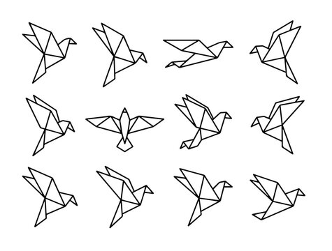 Origami flying paper birds geometric line art icons vector set.