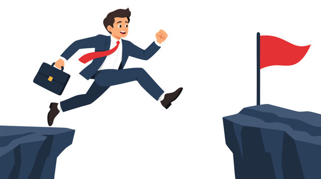 Dynamic businessman in navy suit and red tie leaping over cliff gap toward red flag goal with briefcase, concept of risk taking, ambition, success, determination and achieving business target
