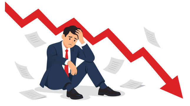 Stressed businessman sitting on floor holding head in despair over plummeting red downward arrow chart depicting stock market crash, financial loss, bankruptcy, recession and economic crisis concept