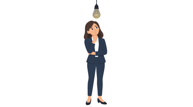 Confused businesswoman in navy suit standing under dim vintage hanging light bulb looking puzzled while experiencing creative block lack of inspiration and idea generation failure flat vector