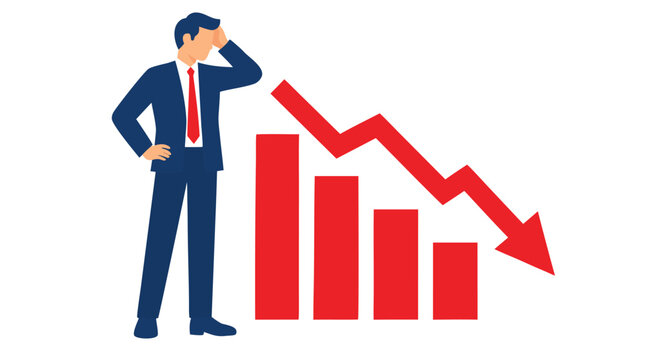 Concerned businessman in blue suit standing beside red downward trending arrow graph with declining bar chart, flat bold colors, white background, financial loss concept detailed commercial stock