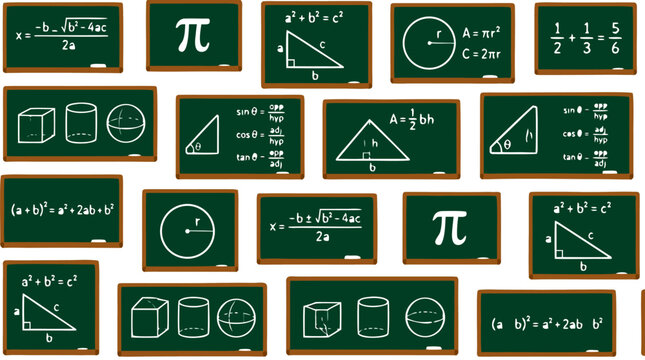 Dark green chalkboard tiles featuring white mathematical formulas including quadratic equations Pythagorean theorem trigonometric functions pi symbol geometric shapes and algebraic expressions