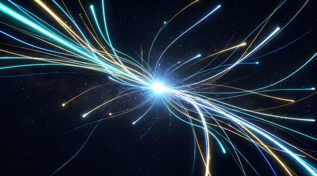 Convergence concept, multiple light streams meeting at single point, dark, no text no people