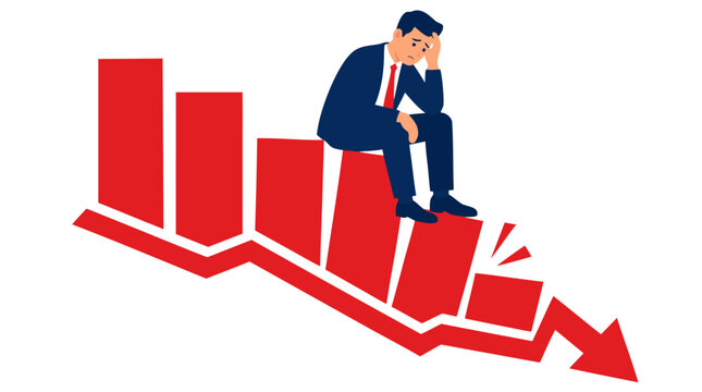 Worried Stressed Businessman in Navy Blue Suit Sitting on Sinking Red Bar Graph Columns with Large Downward Arrow, Financial Decline Stock Market Loss Recession Concept Flat Bold Vector Illustration