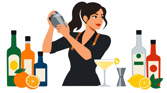 Female bartender cocktail shaker illustration flat vector design with liquor bottles citrus fruits drinks bar counter professional mixologist bold colors modern style isolated on white background