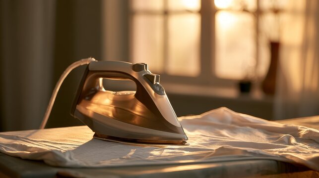Electric iron and T-shirt arranged on an ironing board in a room, representing garment care, laundry, household chores, and everyday clothing maintenance.