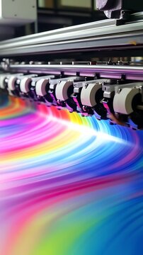 High speed offset printing press in operation with vibrant rainbow swirl design on paper stock