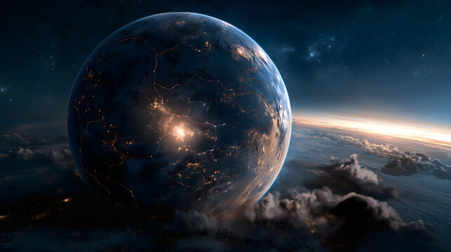 Anu celestial code, cracked lapis lazuli sphere, galaxy beams radiating from fissures, cuneiform constellations on surface, meteor gold chains linking, fading into dark matter clouds, blue gold cosmic