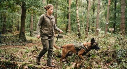 Obraz premium Female forest ranger walking through a woodland trail with a trained military dog on a leash.
