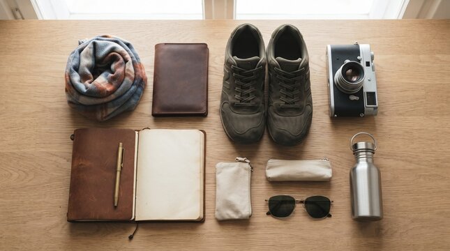 Flat lay of travel and adventure gear including camera, sneakers, notebook and warm scarf.