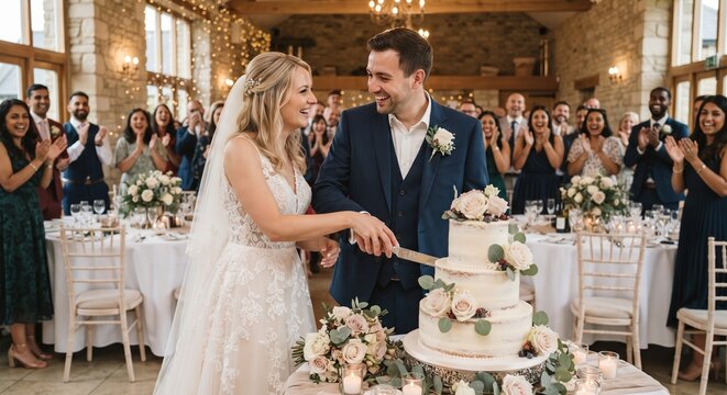 Newlywed couple happily cutting their wedding cake together in a rustic banquet hall with cheering guests.