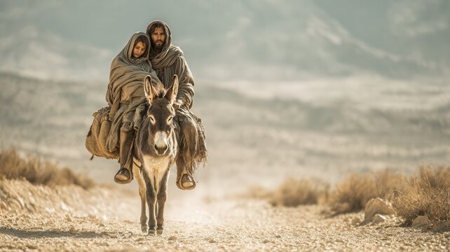 Biblical journey and migration man and woman traveling on a donkey through a desert landscape faith pilgrimage and historical exodus Ancient travelers moving through arid terrain and dusty paths