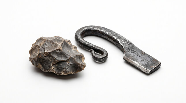 A rough flint stone and a forged steel striker resting on a white background with sharp edged flint rock sits beside curved iron fire starting tool white surface
