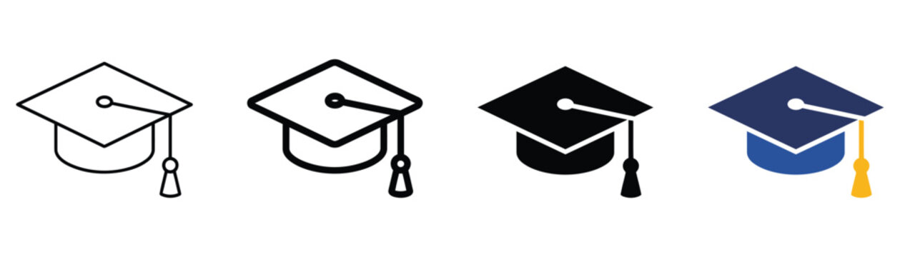 Graduation hat icon with education cap symbol for university, college, academic achievement, learning and success vector.
