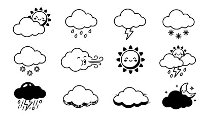 Obraz premium Cute cartoon weather icon set collection featuring playful cloud illustrations with sun rain snow and moon on white background
