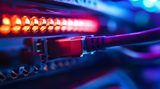 Close up of illuminated network server rack with red ethernet cable connected data center technology