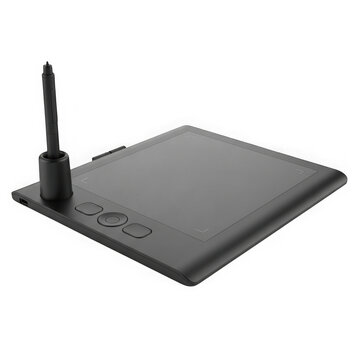 Black digital graphics tablet with a stylus pen for artists and designers isolated on transparent background