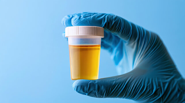 A gloved hand holds a urine sample container against a clean blue background in a medical or laboratory environment, representing clinical testing, health screening, diagnostics, and patient care anal