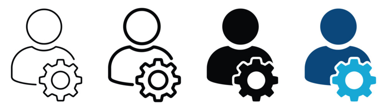 Person with gear icon representing user settings, management, profile configuration, workflow and business automation vector.