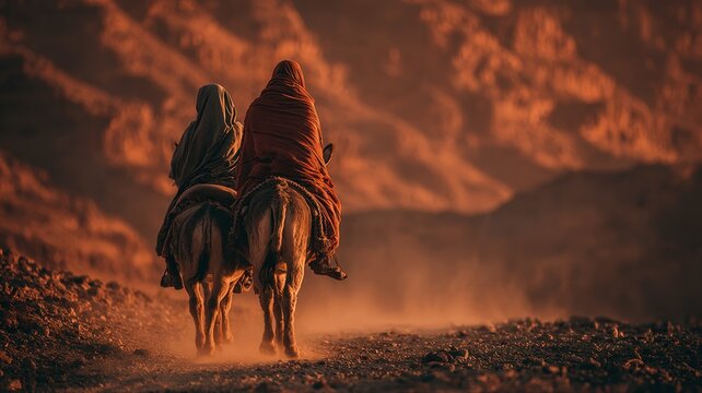 Nomadic lifestyle and ancient travel people riding camels through desert landscape at sunset with dust and warm golden light in remote wilderness
