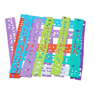 Colorful paper strips with punched holes interwoven in a grid isolated on a transparent background