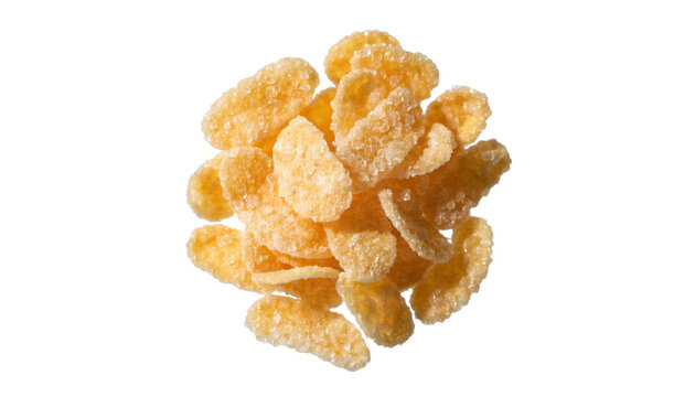 A small pile of frosted breakfast cereal flakes isolated on a plain white background surface with cluster crunchy yellow coated sugar crystals crystals sits