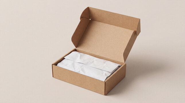 Open Cardboard Mailing Box with White Tissue Paper Wrapping on Plain Background