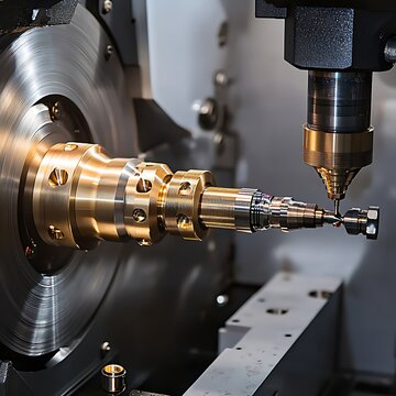 Cnc lathe machine in operation with metal workpiece and cutting tool