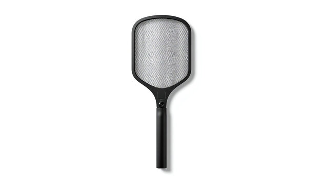A single black electronic fly swatter isolated on a clean white studio background for display with surface stands isolated black plastic handle mesh grid surface