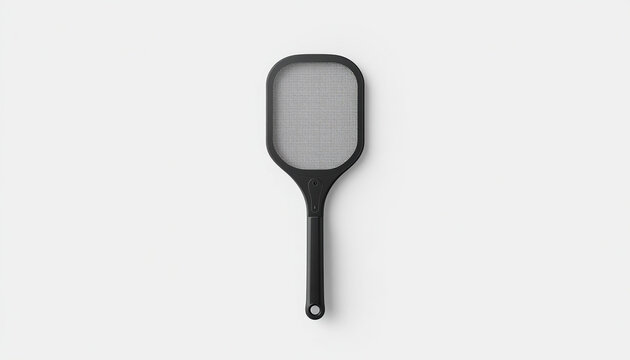 A black electric insect swatter isolated on a clean white background in a studio setting with screen sits centered black plastic frame plain white surface frame mesh