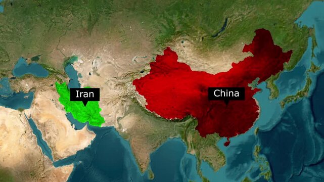 Geopolitical map highlighting iran in green and china in red over asia with geography