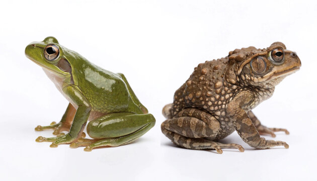 A green frog and a brown toad side by side against a plain white background with positioned white surface profile view smooth textured brown close up environment