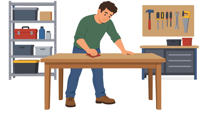 Man sanding wooden table with sandpaper in organized garage workshop interior, flat vector illustration of craftsman carpenter performing DIY furniture refinishing and woodworking restoration project