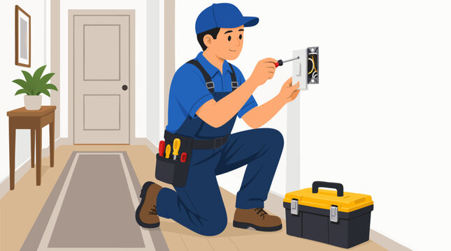 Professional electrician in blue uniform installing wall light switch in residential hallway with screwdriver and toolbox, home electrical repair maintenance service flat vector illustration