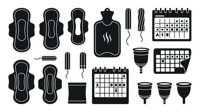 Menstrual hygiene products and calendars black silhouette collection