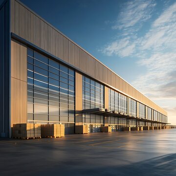 Modern logistics warehouse exterior with loading docks and stacked pallets under a bright blue sky