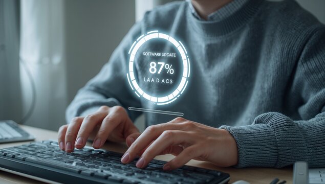 Software update or operating system, update software application upgrade technology concept. updating progress bar, installing app patch, new version loading, program downloading, improved security