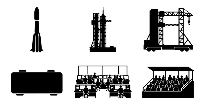 Space Launch Icons, Rocketry Set, Spacecraft Launchpad, Control Room, Spectator Stands, Vector Graphics