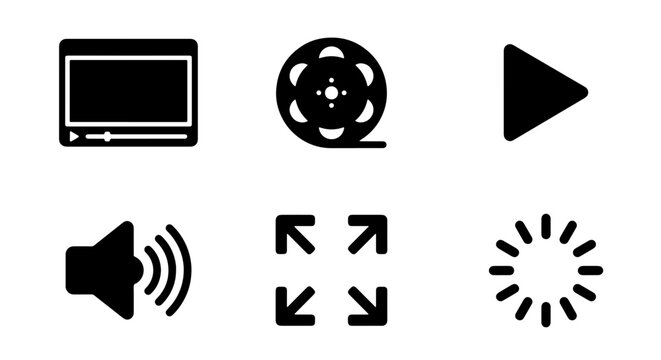 Video Player Icons, Film Reel, Play Button, Volume Control, Full Screen, Loading Spinner