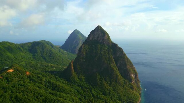 AERIAL SHOT MOVING RIGHT OF THE PITONS IN ST.LUCIA 4K