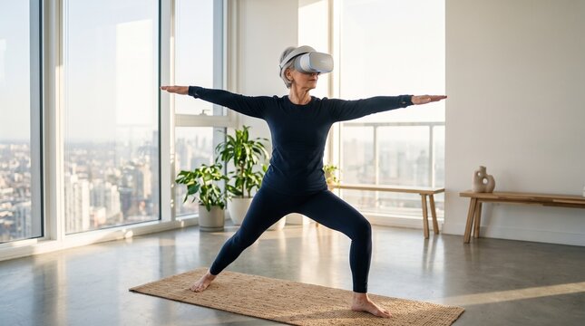Senior Woman Doing VR Yoga in Modern Apartment